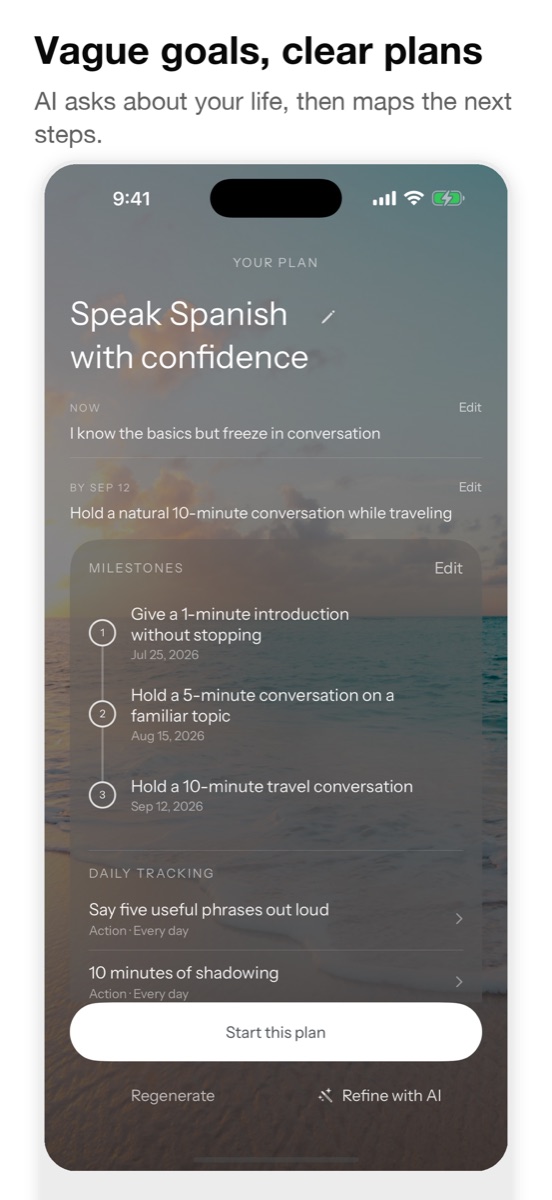 Acta app screen showing a goal plan with milestones