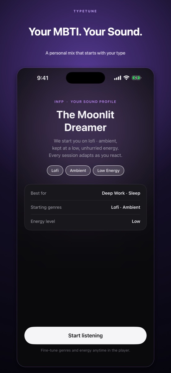 MBTI Focus and Sleep Music app screen showing a sound profile